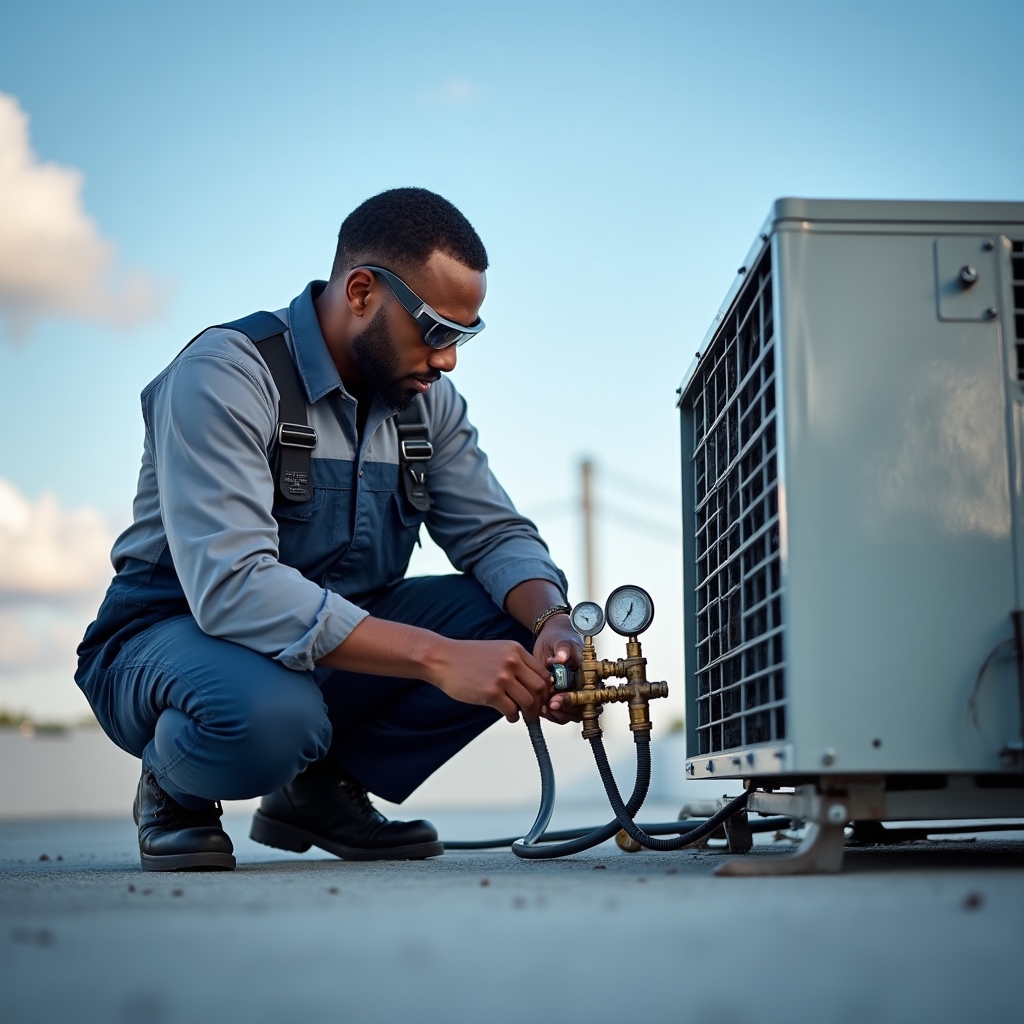 Experienced HVAC technician working on a commercial rooftop unit