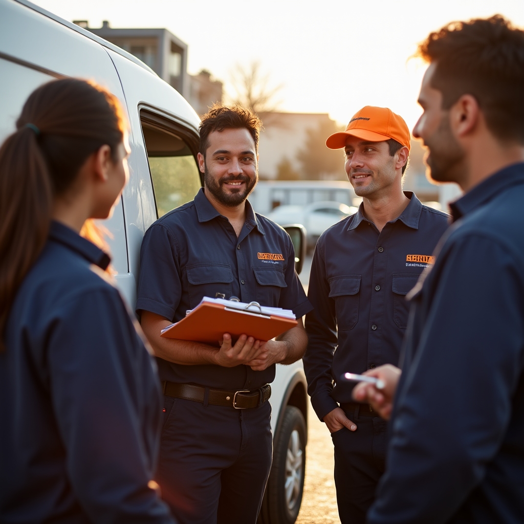 HVAC and plumbing business owner conducting morning briefing with technicians